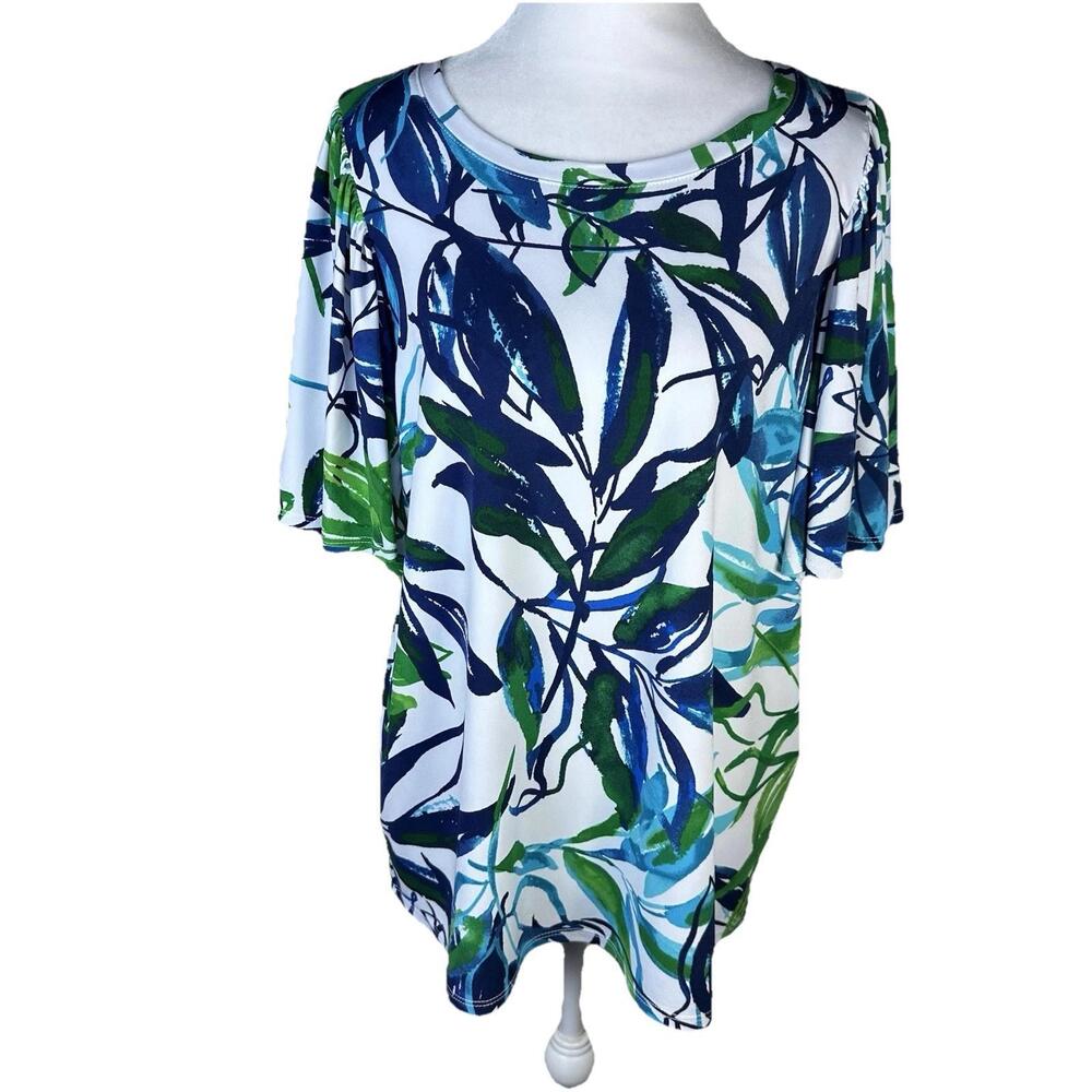 Joseph Ribkoff White Top with Blue and Green Leaf Print